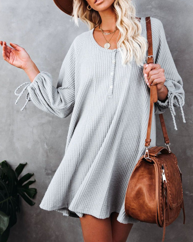Knit Round Neck Ruffled Lace-up Mini Dresses