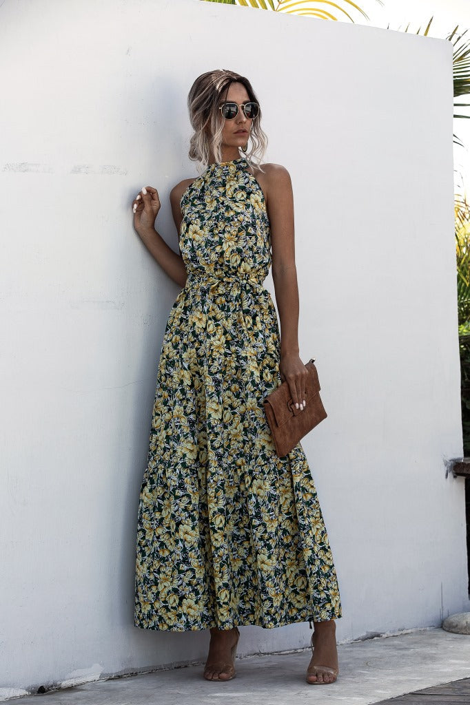 Floral Yellow Bohemian Boho Printed Hanging Neck Straps Maxi Dresses