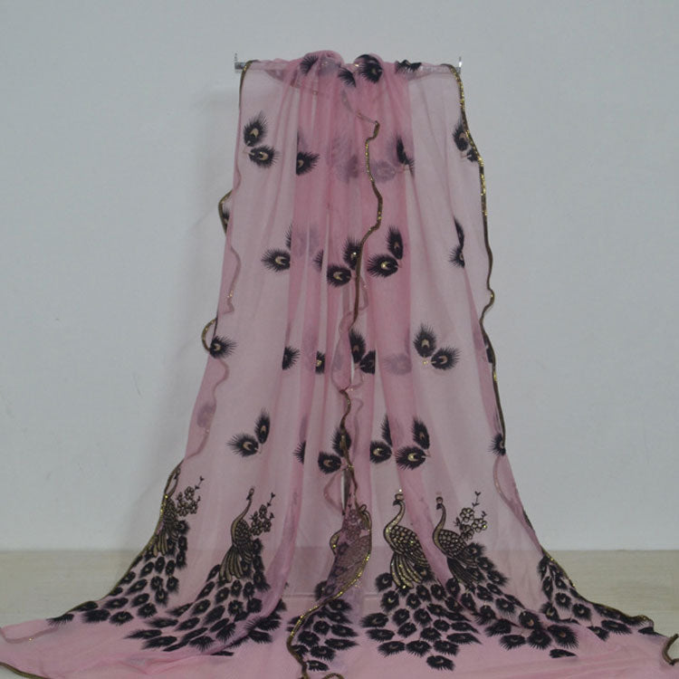 Fashion Lace Scarf Net Yarn Printing Peacock Stitching Flocking Phoenix Scarf for Women Ladies Girls