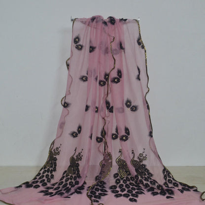 Fashion Lace Scarf Net Yarn Printing Peacock Stitching Flocking Phoenix Scarf for Women Ladies Girls