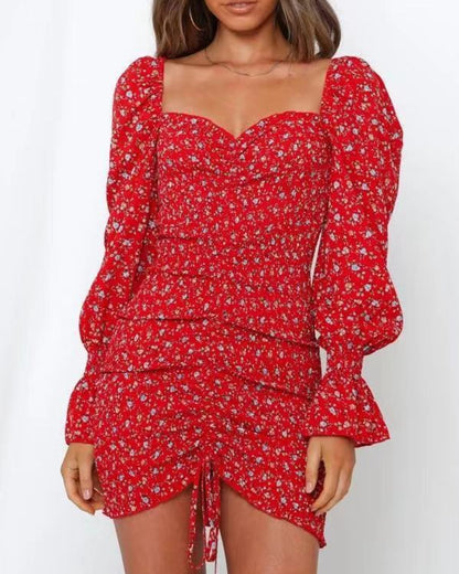 Puff Sleeve Ruffled Irregular Hem Drawstring Bodycon Mini Dresses
