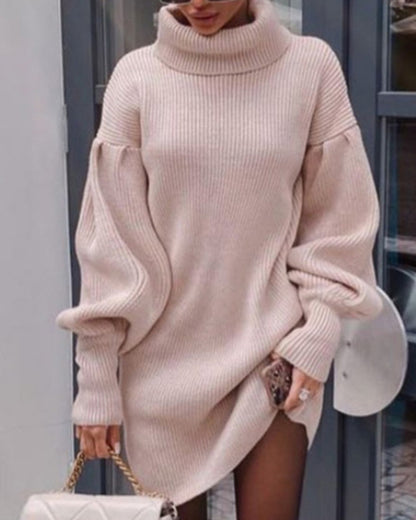 Knit Lantern Sleeve High Collar Sweater Mini Dresses