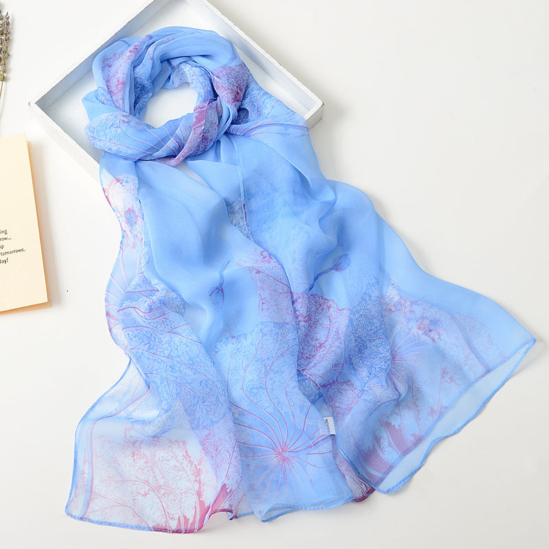 Lotus Printed Long Thin Silk Scarf for Women