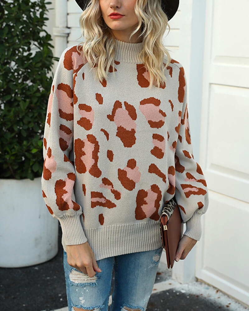 Leopard Print Lantern Sleeve Knit Sweaters