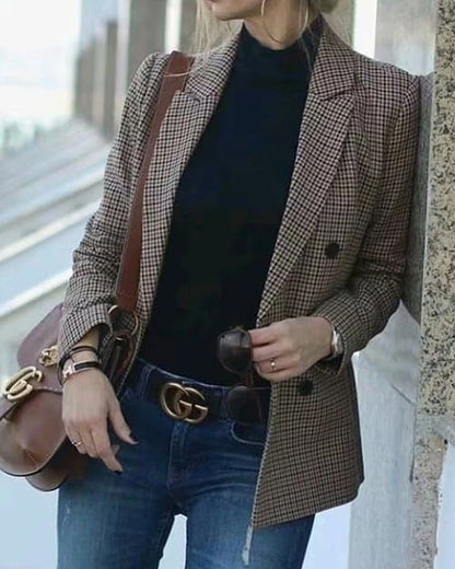 Double-breasted Houndstooth Suit Coat Cardigan Blazers