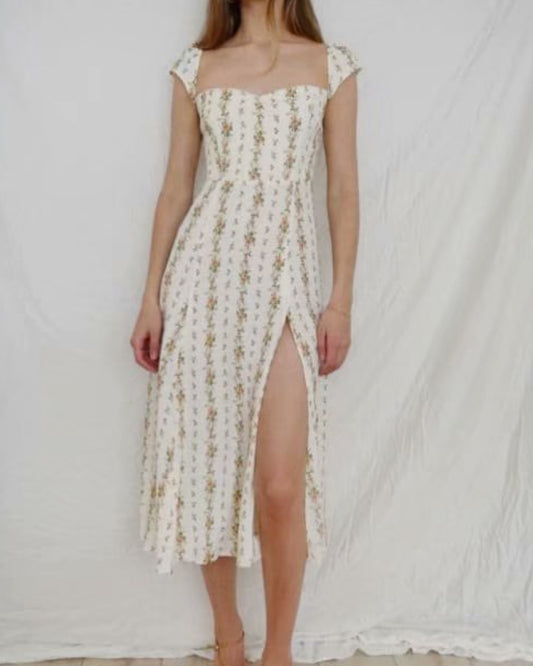 Backless Open Back Slit Floral Printed Midi Dress