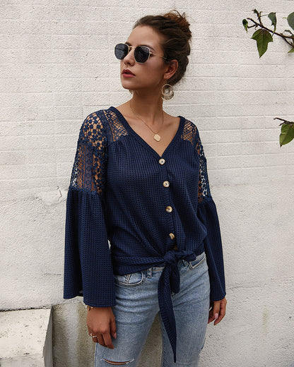 Multicolor Long Sleeve Lace Shoulder Knitting Sweater