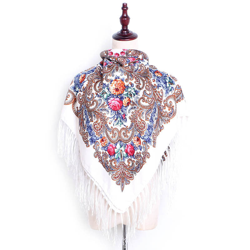 Ethnic Retro Flower Square Scarf Shawl Fringed Scarves for Women Ladies Girls