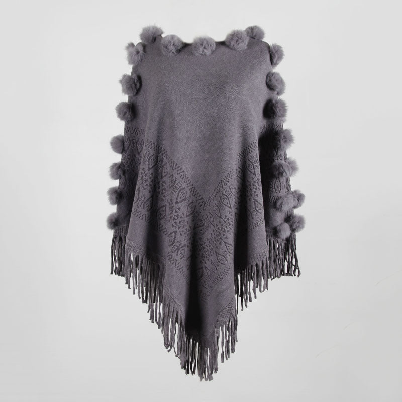 Floral Tassel Fringed Pullover Pompom Collar Sweater Cloak Shawl Cape