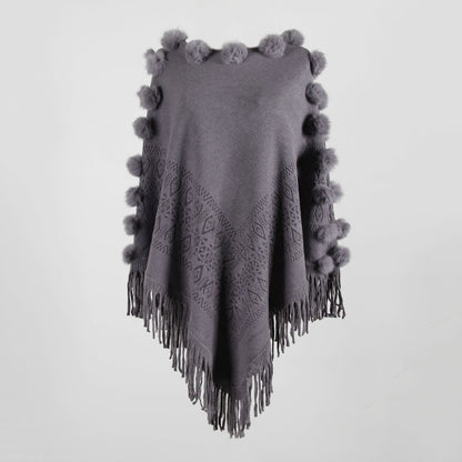Floral Tassel Fringed Pullover Pompom Collar Sweater Cloak Shawl Cape