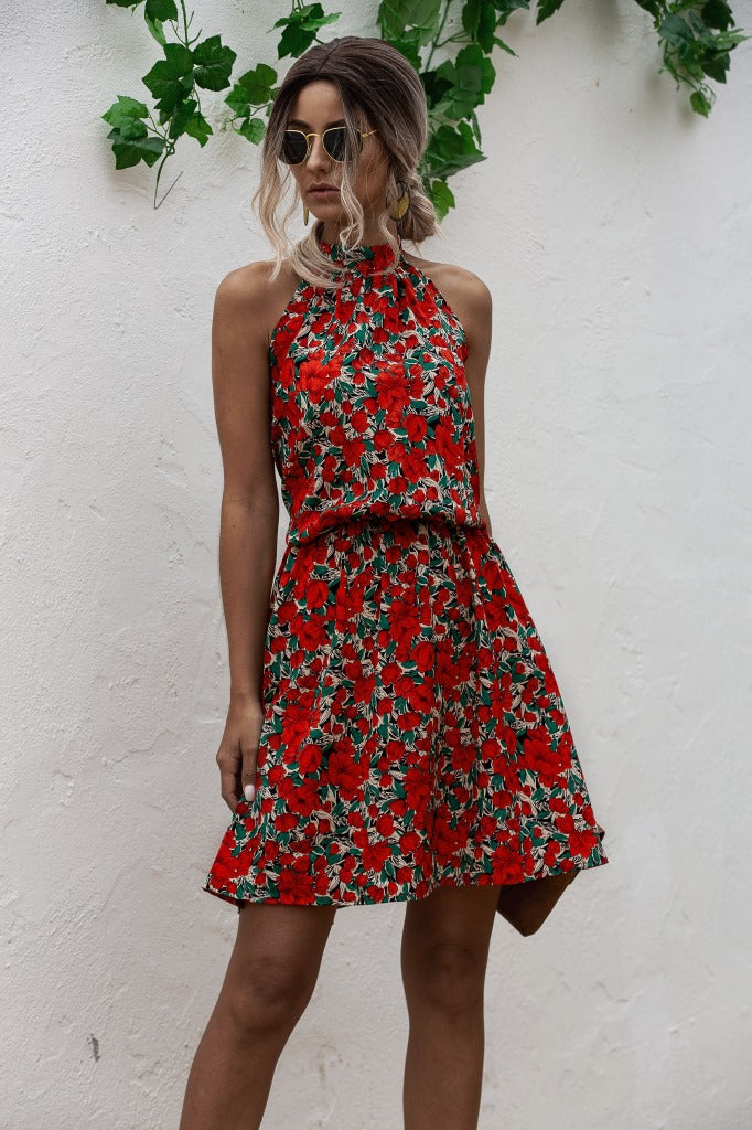 Floral Yellow Bohemian Boho Printed Hanging Neck Straps Mini Dresses