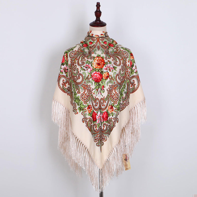 Ethnic Retro Flower Square Scarf Muslim Shawl Fringed Scarves for Women Ladies Girls