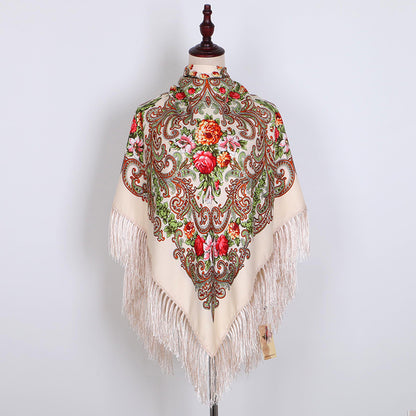 Ethnic Retro Flower Square Scarf Muslim Shawl Fringed Scarves for Women Ladies Girls