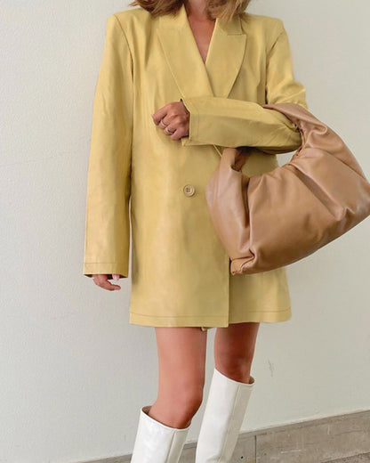 Lapel Double Breasted Leather Blazer Coat