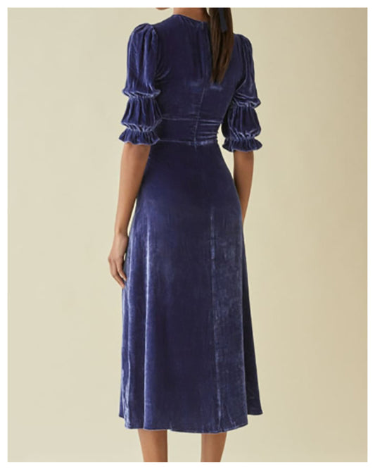 Elegant Lantern Sleeve Elastic Velvet Waist Midi Dresses