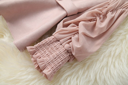 Pearl Suede Splicing Net Yarn Ruffled Sleeves Tops Wide Leg Pants Two-piece Set