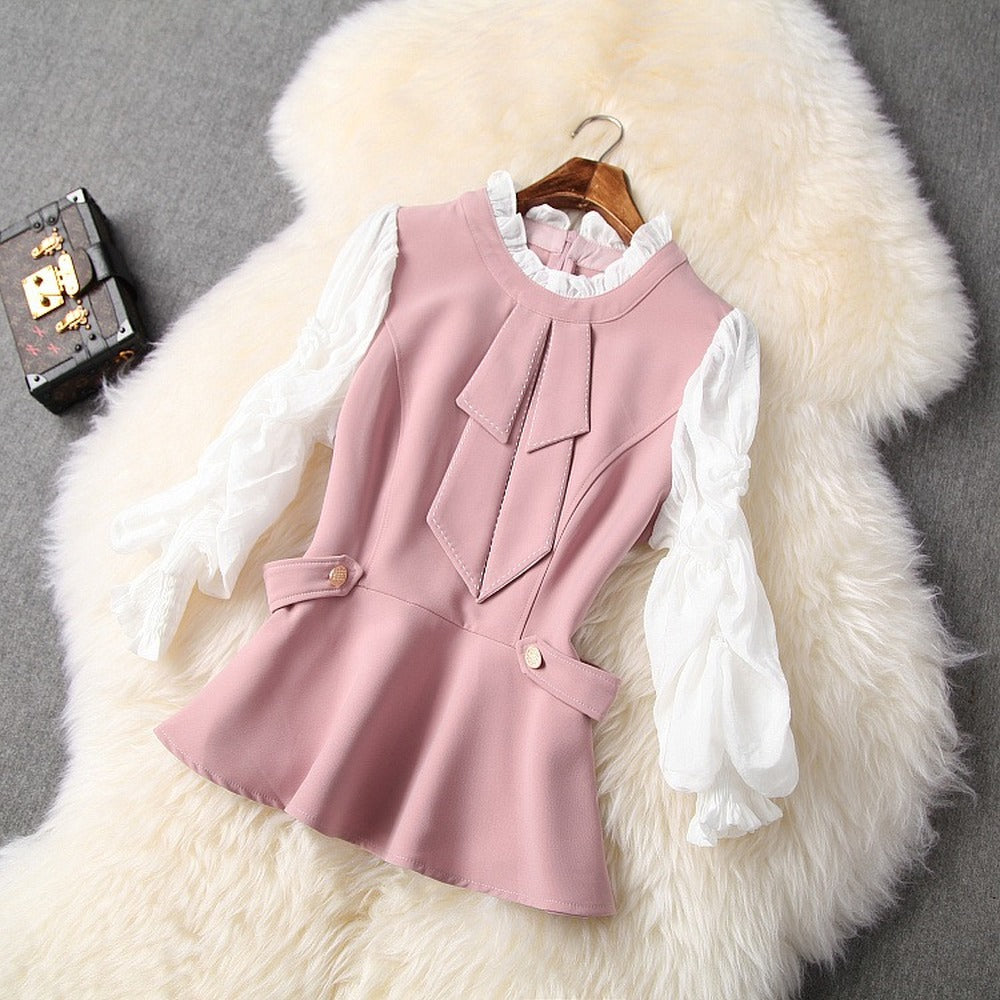 Ruffled Hem Blazers Splicing Chiffon Sleeve and Pants Two-piece Set