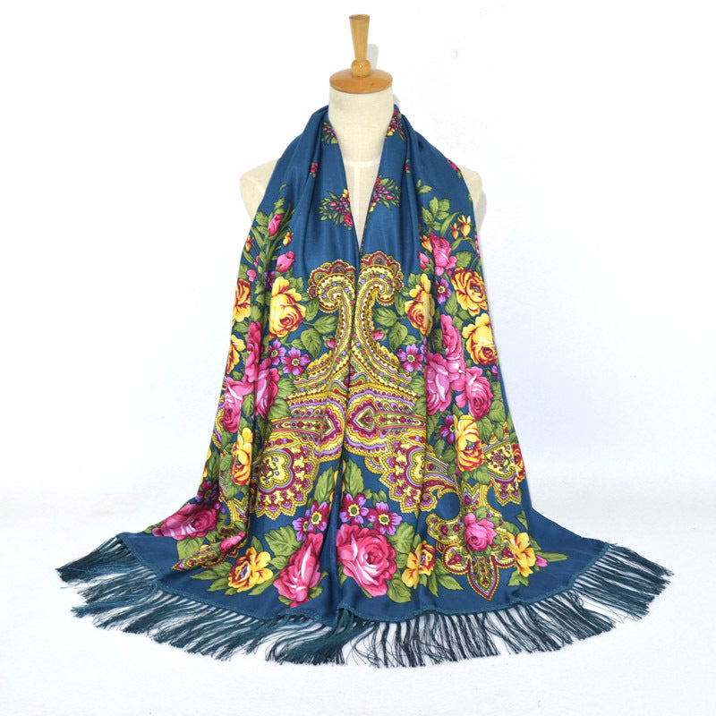 Ethnic Retro Flower Long Scarf Shawl Fringed Scarves for Women Ladies Girls