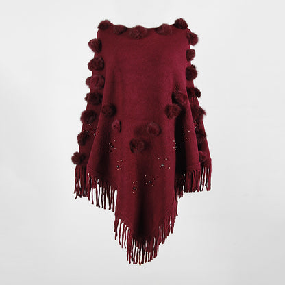 Tassel Fringed Pullover Bead Pompom Collar Sweater Cloak Shawl Cape