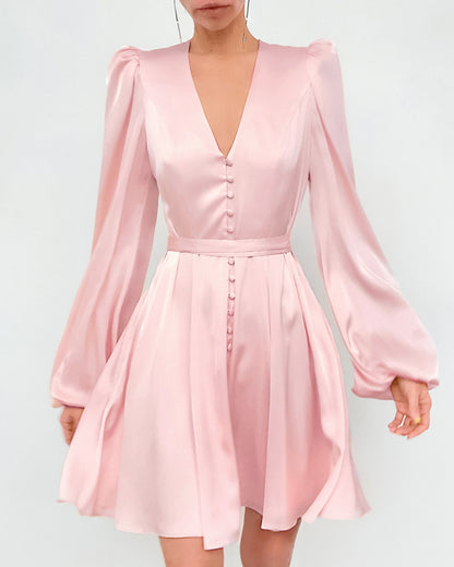 Pink V-neck Lantern Sleeve Single-breasted Skater Party Mini Dresses