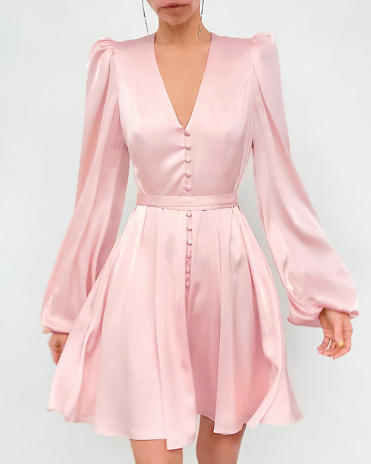 Pink V-neck Lantern Sleeve Single-breasted Skater Party Mini Dresses