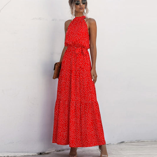 Orange Wave Bohemian Boho Printed Hanging Neck Straps Maxi Dresses
