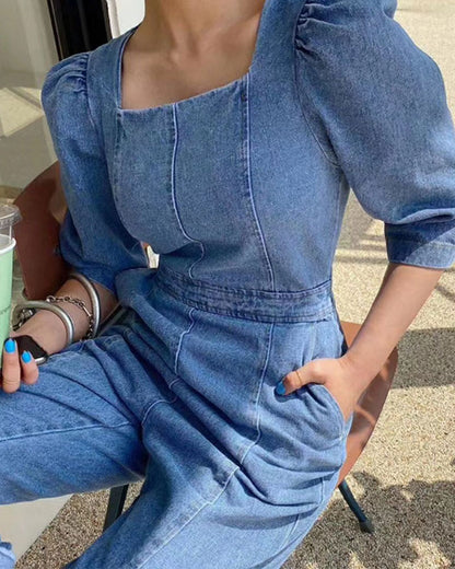 Puff Sleeves Denim Jumpsuit Slim Waist Rompers