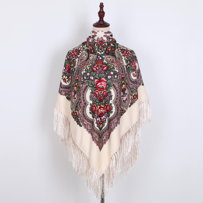 Ethnic Retro Flower Square Scarf Shawl Fringed Scarves for Women Ladies Girls
