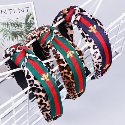Leopard Knot Headbands with Stripe, Cross Knot Bee Embroidery Ribbon Hair Hoops with Cloth Wrapped
