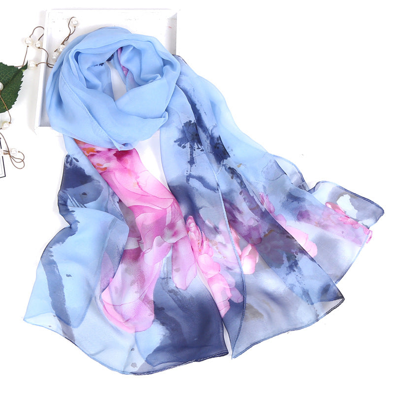 Lotus Printed Long Thin Silk Scarf for Women