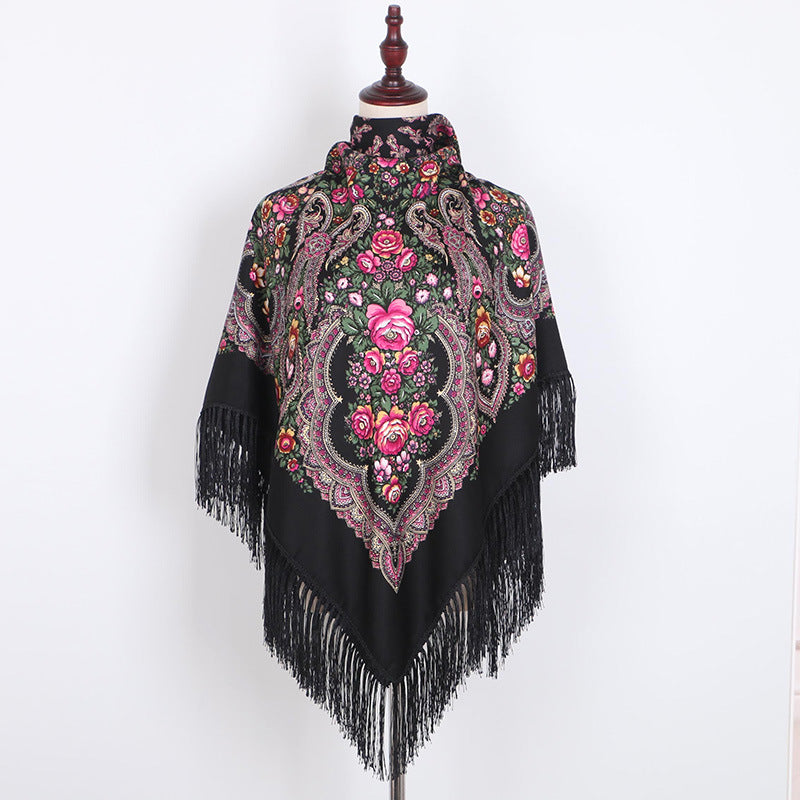 Ethnic Retro Flower Square Scarf Shawl Fringed Scarves for Women Ladies Girls