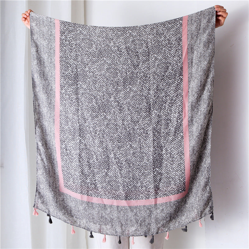 Tassel Grey Printed Cotton Scarf Shawl for Women Ladies Girls