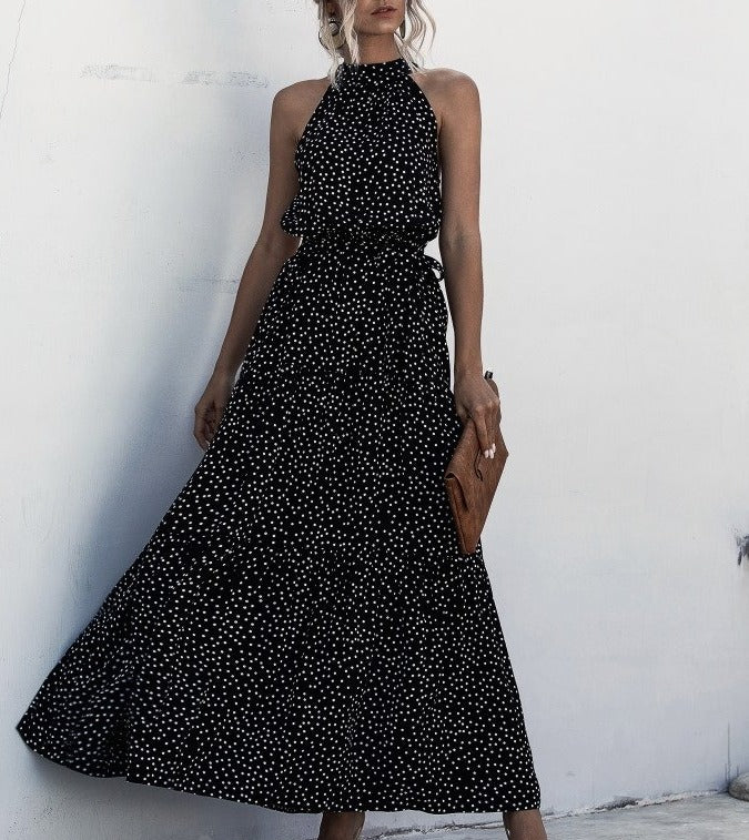 Black Wave Bohemian Boho Printed Hanging Neck Straps Maxi Dresses