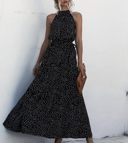 Black Wave Bohemian Boho Printed Hanging Neck Straps Maxi Dresses
