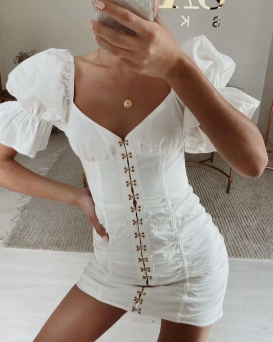 Puff Flared Sleeve Single-breasted Bodycon Party Mini Dresses