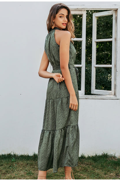 Elegant Green Sleeveless Halter Floral Maxi Dresses