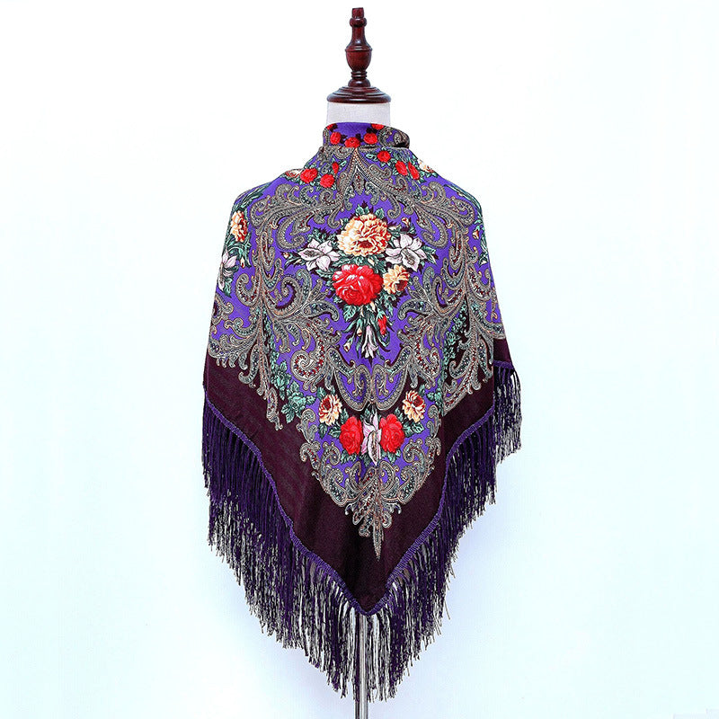 Ethnic Retro Flower Square Scarf Muslim Shawl Fringed Scarves for Women Ladies Girls