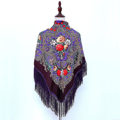 Ethnic Retro Flower Square Scarf Muslim Shawl Fringed Scarves for Women Ladies Girls