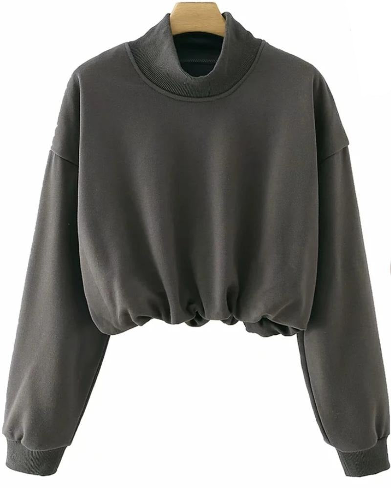 Half High Collar Elastic Waist Shirred Frill Sweatshirts