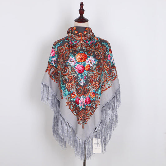 Ethnic Retro Flower Square Scarf Muslim Shawl Fringed Scarves for Women Ladies Girls