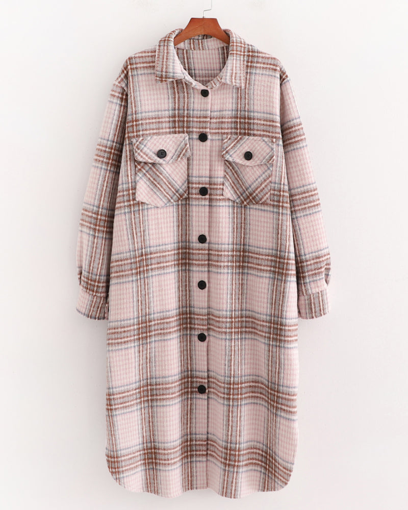 Single-breasted Pocket Geometry Plaid Elastic Sleeves Outerwear