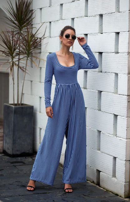 U-neck Sexy Wide-leg Long-sleeved Striped Jumpsuit