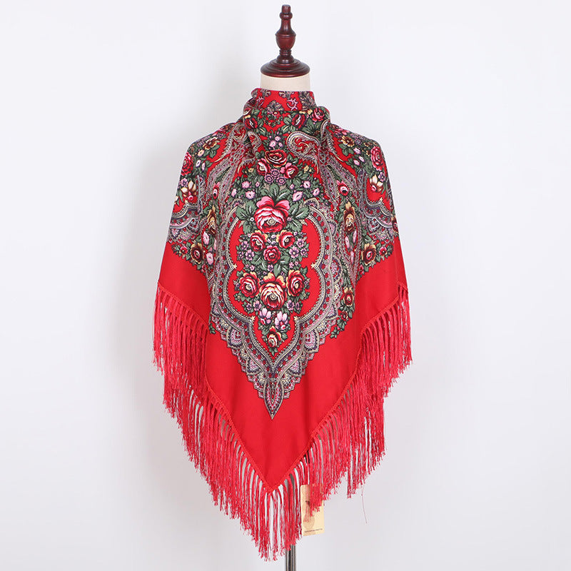 Ethnic Retro Flower Square Scarf Shawl Fringed Scarves for Women Ladies Girls
