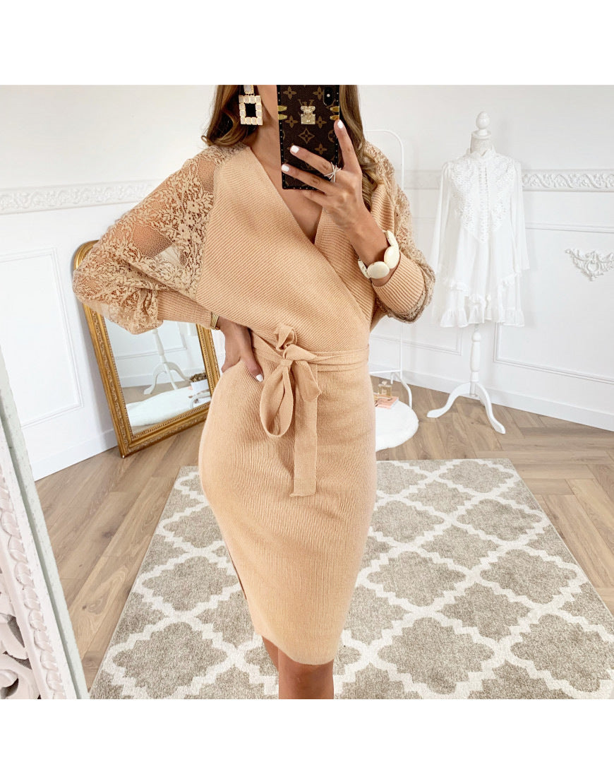 Deep V-neck Collar Elegant Lace Sleeve Bodycon Midi Dresses