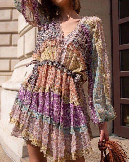 Floral Printed Splicing Ruffled Flounces Mini Dress