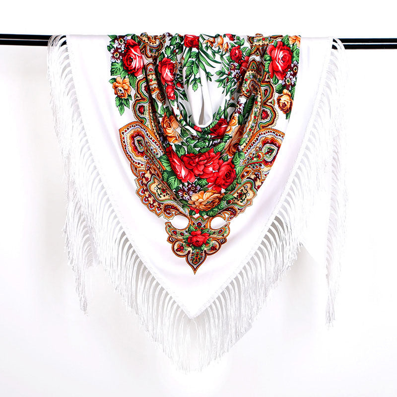 Ethnic Flower Print Triangle Scarf Shawl Fringed Scarves for Women Ladies Girls
