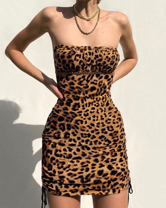 Backless Drawstring Strapless Floral Leopard Mini Dresses