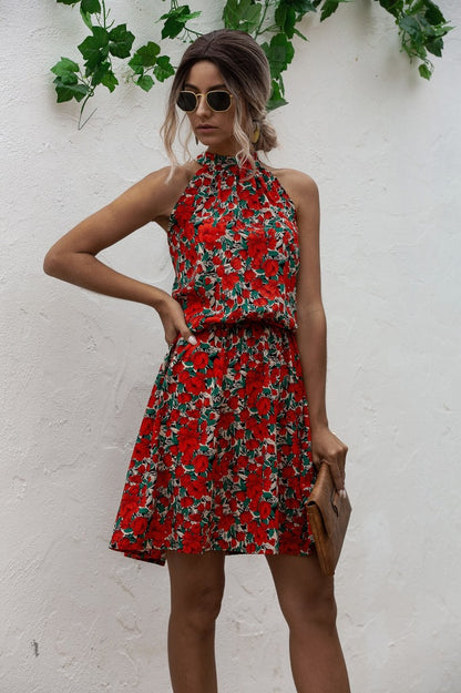 Floral Yellow Bohemian Boho Printed Hanging Neck Straps Mini Dresses