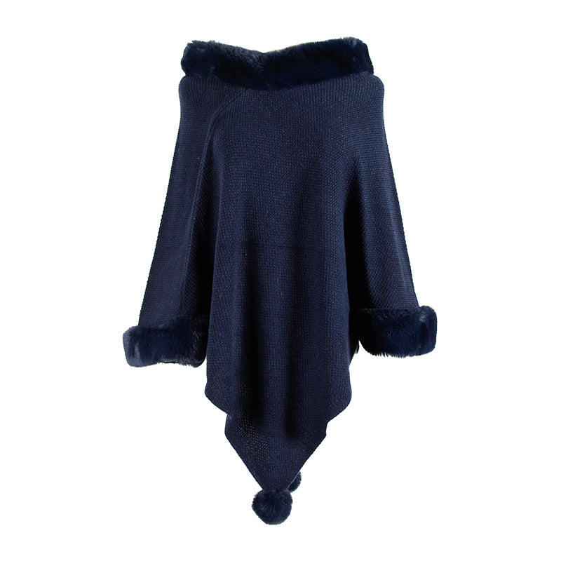 Pullover Pompom Fur Collar Sleeves Sweater Cloak Shawl Cape