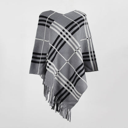 Tassel Fringed Pullover V-neck Diagonal Stripes Sweater Cloak Shawl Cape